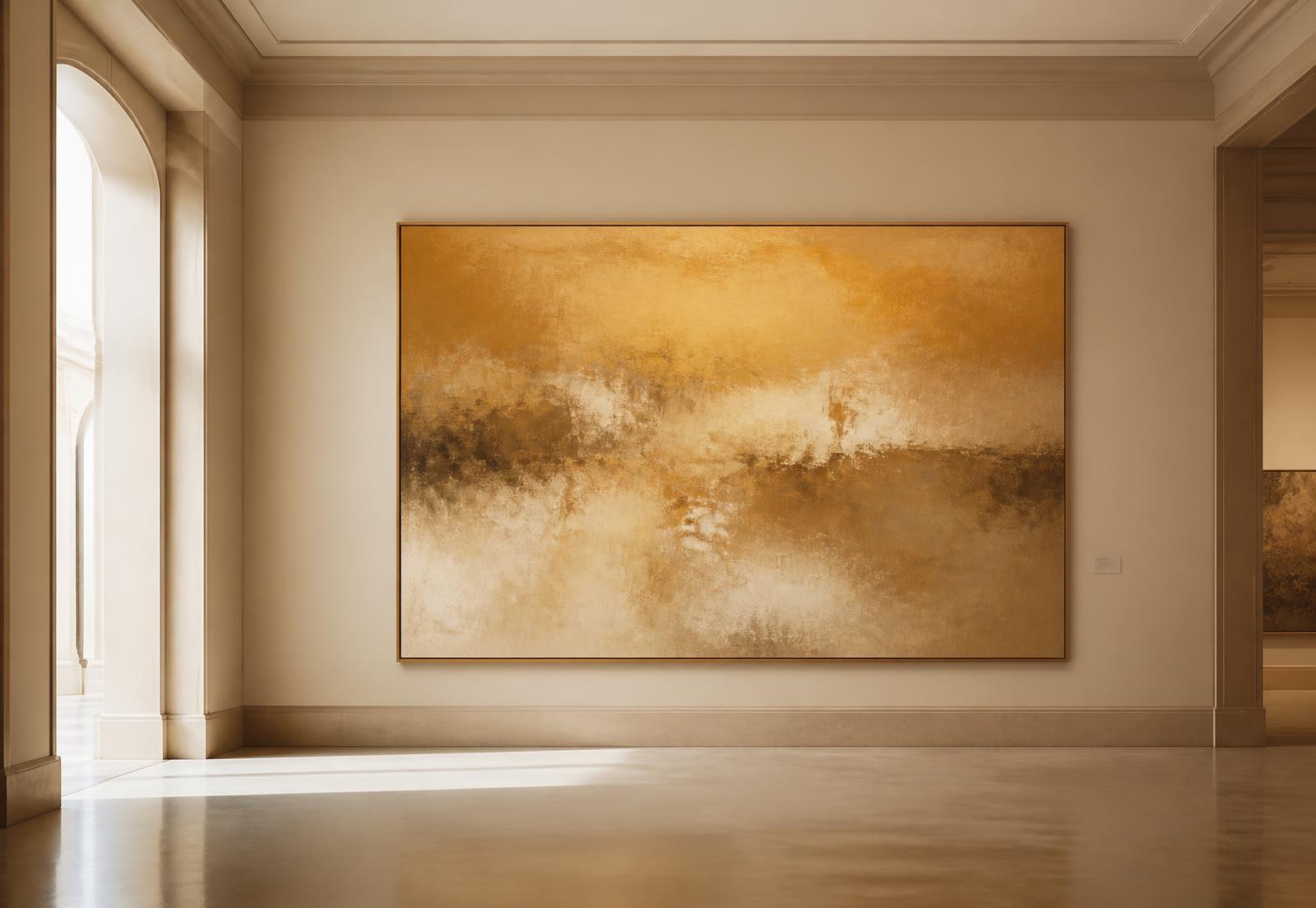 Großformatiges Gemälde in warmen Goldtönen in einer hellen Galerie